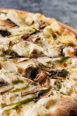 Gourmet Mushroom Cheese Pizza On Circular Wooden Board
