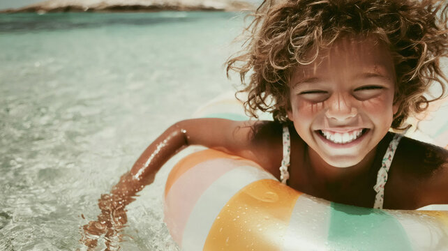 Happy young child laughing, enjoying summer vacation fun, floating in clear ocean water with inflatable swim ring