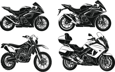 Obraz premium Motorcycle silhouette collection, sportbike and touring bike set, off-road motorbike illustration, detailed motorcycle artwork, modern motorbike graphic design elements