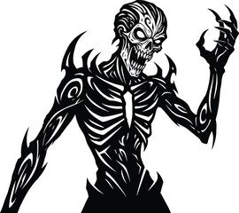 Dark skeletal monster illustration, horror creature design, tribal fantasy villain, scary undead character, black ink drawing, graphic novel concept art