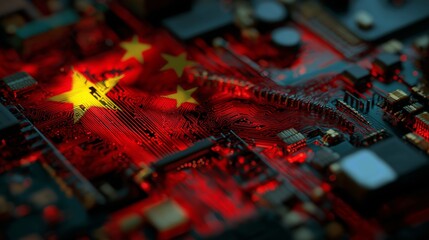 A high-tech circuit board glowing with ominous red and yellow lights, featuring a faint silhouette of the Chinese flag overlayed on the surface. The image conveys themes of advanced technology