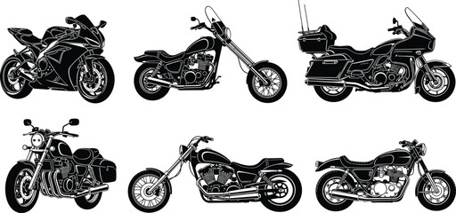 Silhouette motorcycle collection, diverse bike types, chopper cruiser design, touring motorcycle graphic, sportbike illustration set, classic retro motorbike artwork