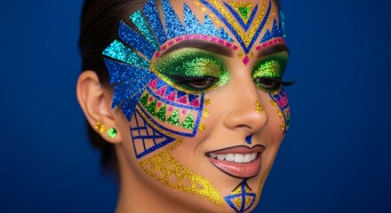 Woman with vibrant face art and glitter makeup smiling against a blue background