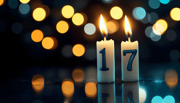 Photo of burning candles shaped as number seventeen. Flames light up over dark background with soft bokeh. Birthday or anniversary event celebration