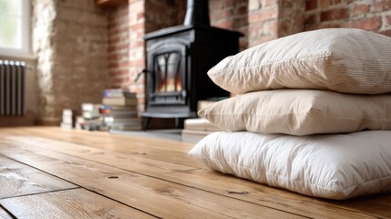 Warm blankets and stacks of books sit beside soft candlelight and steaming mugs in front of a flickering fireplace