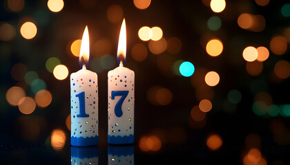 Photo of burning candles shaped as number seventeen. Flames light up over dark background with soft bokeh. Birthday or anniversary event celebration
