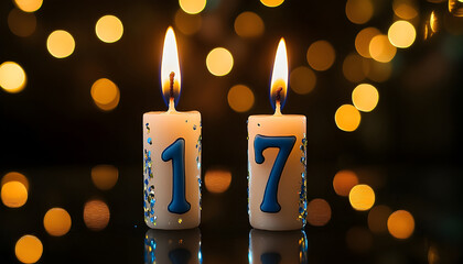 Photo of burning candles shaped as number seventeen. Flames light up over dark background with soft bokeh. Birthday or anniversary event celebration