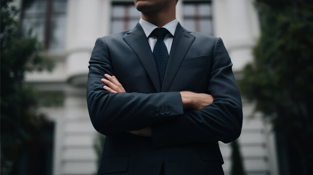 businessman in formal attire with arm crossing
