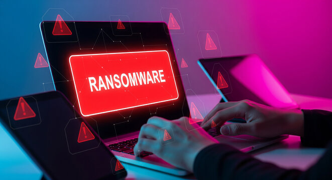 Laptop displaying ransomware warning with hands typing on keyboard in a digital environment
