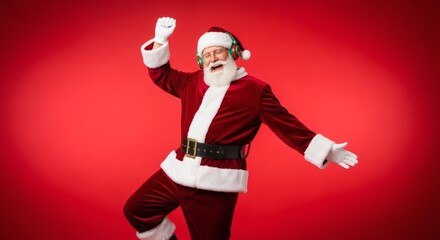 Joyful Santa Claus dancing with headphones on a vibrant red background