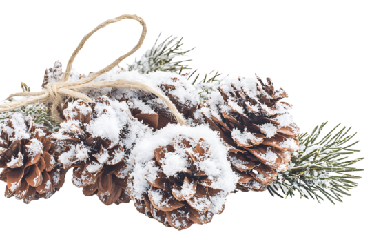 Natural pinecone dusted with artificial snow, tied with twine for Christmas decor isolated on transparent background 