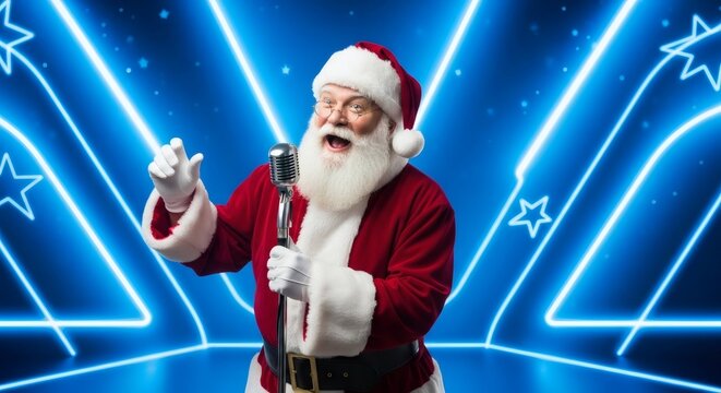 Santa Claus singing into a vintage microphone on a glowing blue stage