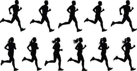 Running silhouettes vector collection of male and female joggers in motion, black fitness icons set for sport, marathon, training, workout, athletics design.