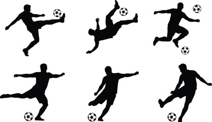 Soccer player silhouettes vector collection performing kicks, bicycle, volleys, and dribbles, black football icons set for sport, training, match, team design projects