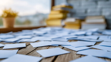 Small white cards with kind messages scattered on rustic wooden desk, symbolizing communication and sharing feelings