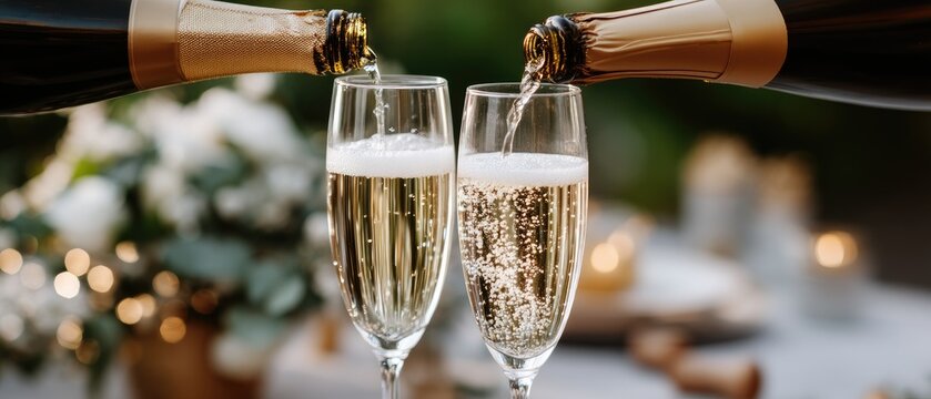 Champagne is poured into a glass at a festive table adorned with flowers and flickering candles, creating a warm atmosphere for gathering - Powered by Adobe