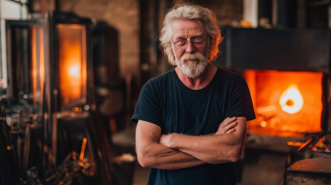 glass blower artisan standing at workshop with furnace as background