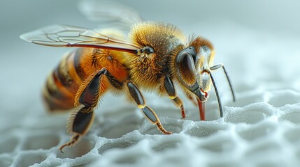Close up view of a honey bee on a honeycomb during daytime in a garden