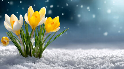 Yellow and white crocus flowers pushing through white snow against a blurry blue background with falling snowflakes