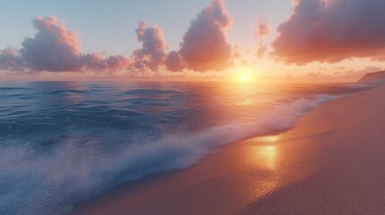 Vibrant sunrise illuminating the shoreline with gentle waves on a tranquil beach