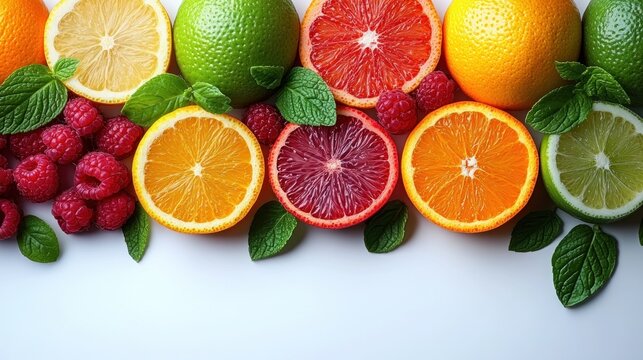 Vibrant citrus fruits and fresh berries arranged with mint leaves for a colorful display