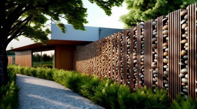 Serene stone and wood architectural design harmonizing with nature, creating a calming visual