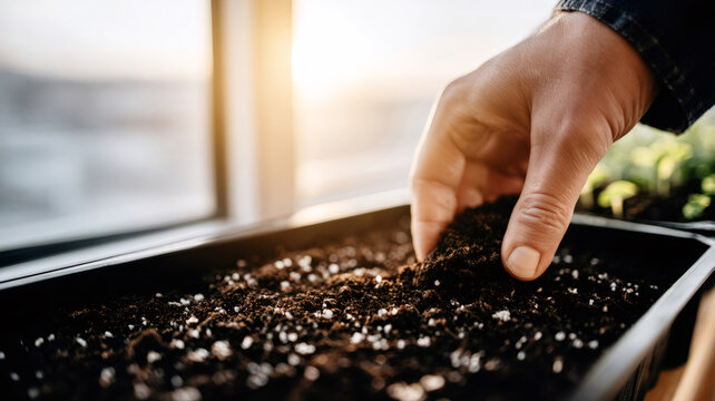 Hand preparing potting soil in seed tray, planting new seeds for home garden sustainability - Powered by Adobe