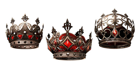 Three Ornate Regal Crowns with Red Gemstones on royal king isolated on a transparent background