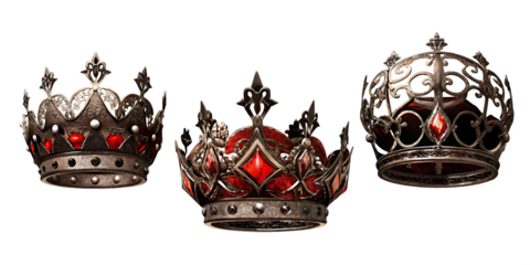 Three Ornate Regal Crowns with Red Gemstones on royal king isolated on a transparent background