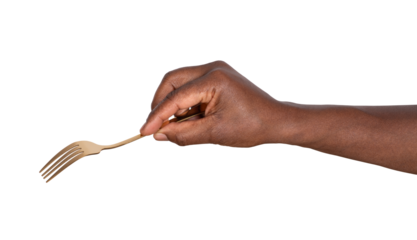 Hand holding a fork isolated on white or transparent background	
