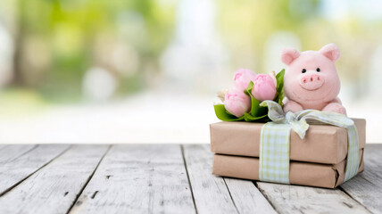 Pink plush pig and tulips presenting festive gift on wooden table, celebrating birthday or good luck