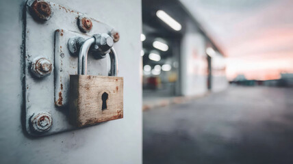 Old padlock securing a rusted metal door, showing security, storage, and industrial transportation concepts