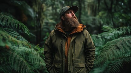 Obraz premium jungle cartographer in expedition jacket standing confidently at green lush rain forest