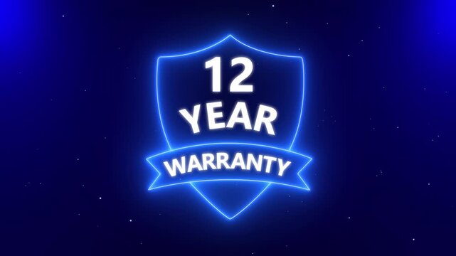 Glowing neon line 12 Years Warranty Badges Design Animation, Alpha channel, transparent background. 4K resolution 12 Years Warranty with Shield guarantee Support service icon. Customer trust quality