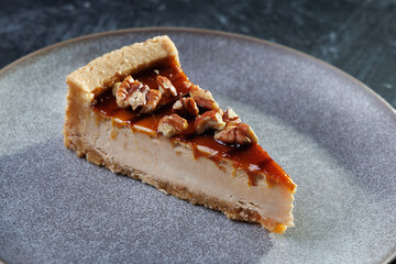 Caramel Pecan Pie Slice On Plate, Rich Dessert With Nuts