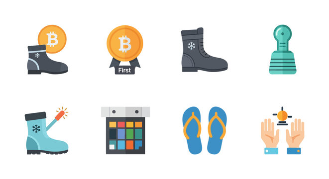 Flat icons of bitcoin, fashion footwear, color palette, and technology symbols