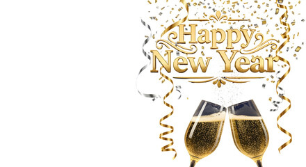 Happy New Year Champagne Toast with Gold Confetti and Streamers

