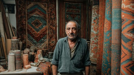 Obraz premium man rug weaver artisan standing looking at camera , beautiful rugs as behind