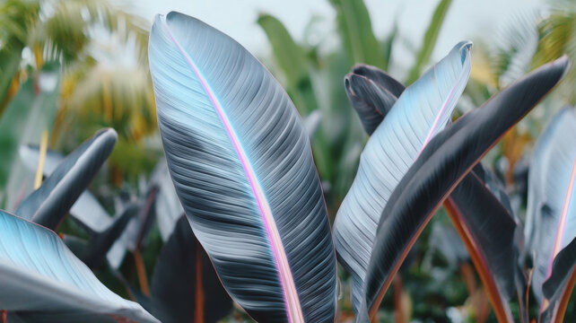 Banana leaves showing vibrant neon reflections, modern tropical plant art, abstract botanical design concept