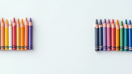 Fototapeta premium A collection of colored pencils are arranged in two distinct rows on a plain white surface, creating a visually balanced composition.