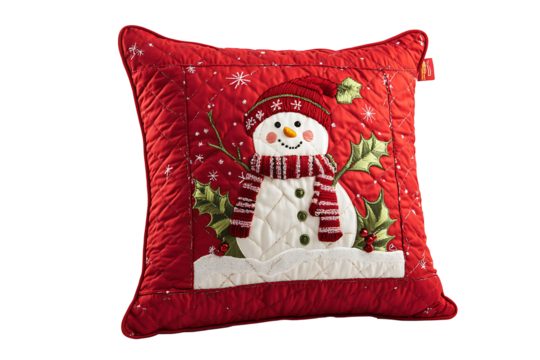 Quilted red Christmas cushion with snowman embroidery isolated on transparent background 