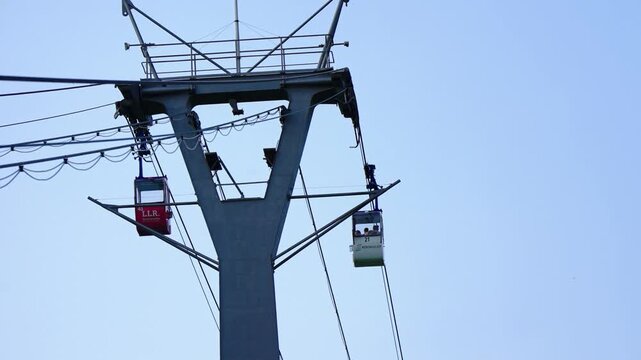 Seilbahn cable car gondolas transporting tourists from station in Rheinpark to zoo above Rhine river