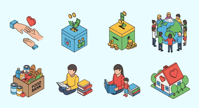 “isometric charity and education icons: community, environment, and learning themes”