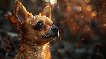 Charming chihuahua in warm sunlight near autumn leaves at golden hour
