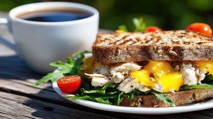 Enjoy a tasty sandwich filled with cheese and vegetables along with a cup of coffee, ideal for a fulfilling breakfast experience