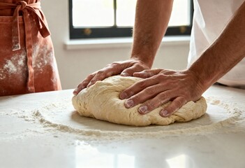 Close-up of a man's hands kneading fresh dough on a floured kitchen counter. Homemade baking and cooking concept. A couple preparing food together at home