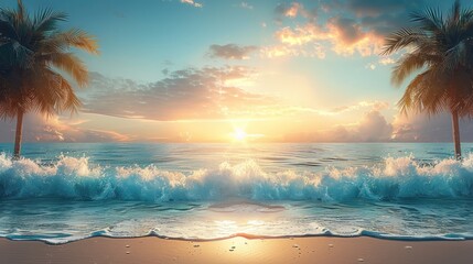 Golden sunset over tranquil ocean waves and palm trees in serene beach scene