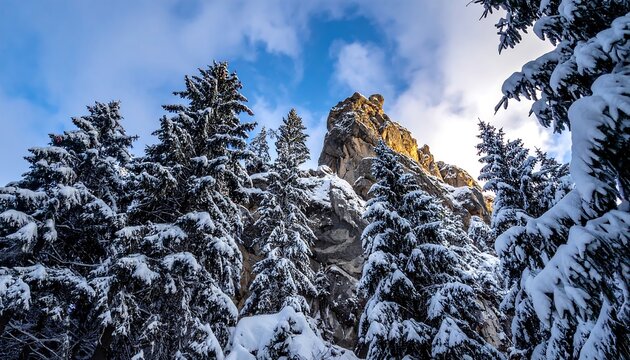 Snow-covered trees and rocky peak under a cloudy sky in winter.