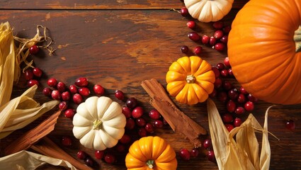 Autumn harvest pumpkins cranberries cinnamon sticks corn husks