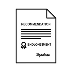 Recommendation document outline icon with endorsement badge and signature line, symbolizing official approval concept